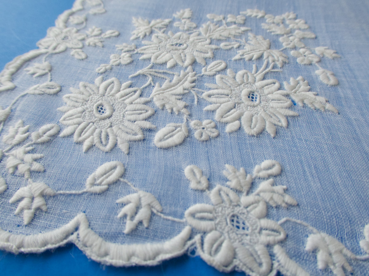 Antique 19th Century French Whitework Lace Handkerchief 17