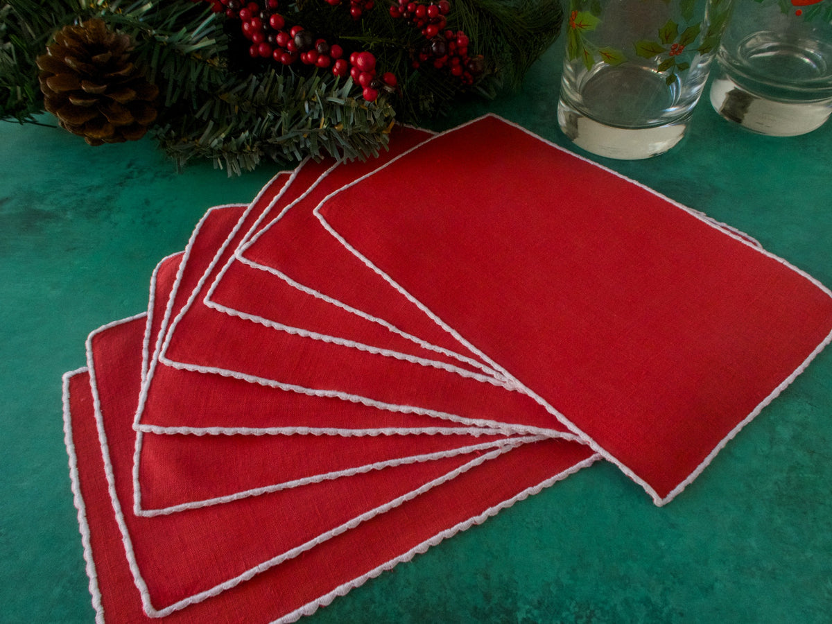 Holiday Red Vintage Madeira Linen Cocktail Napkins, Set of 8