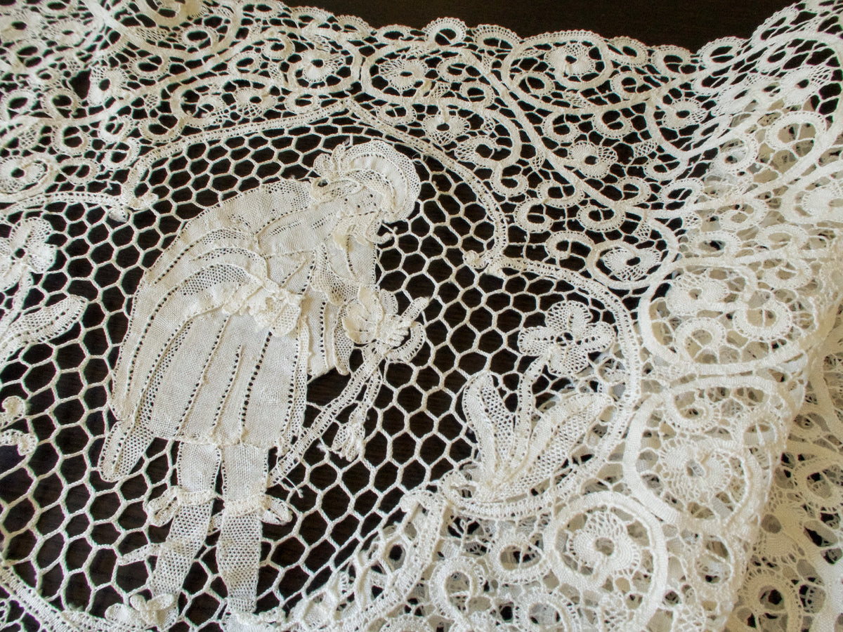 Antique Italian tablecloth needle lace Point Venise cherub's dancers deer  birds