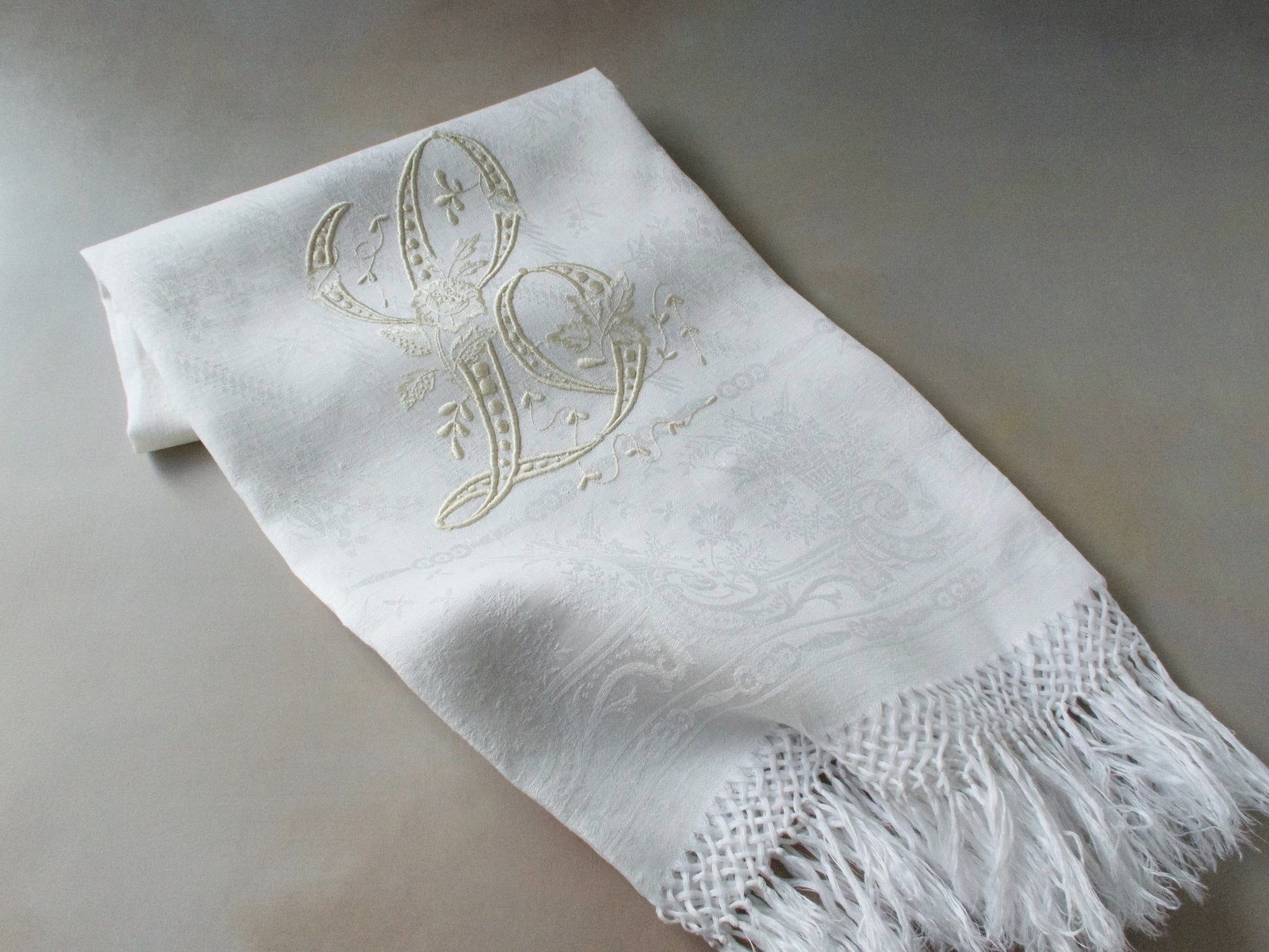 Monogram "L" Fringed Italian Linen Damask Show Towel 25x50