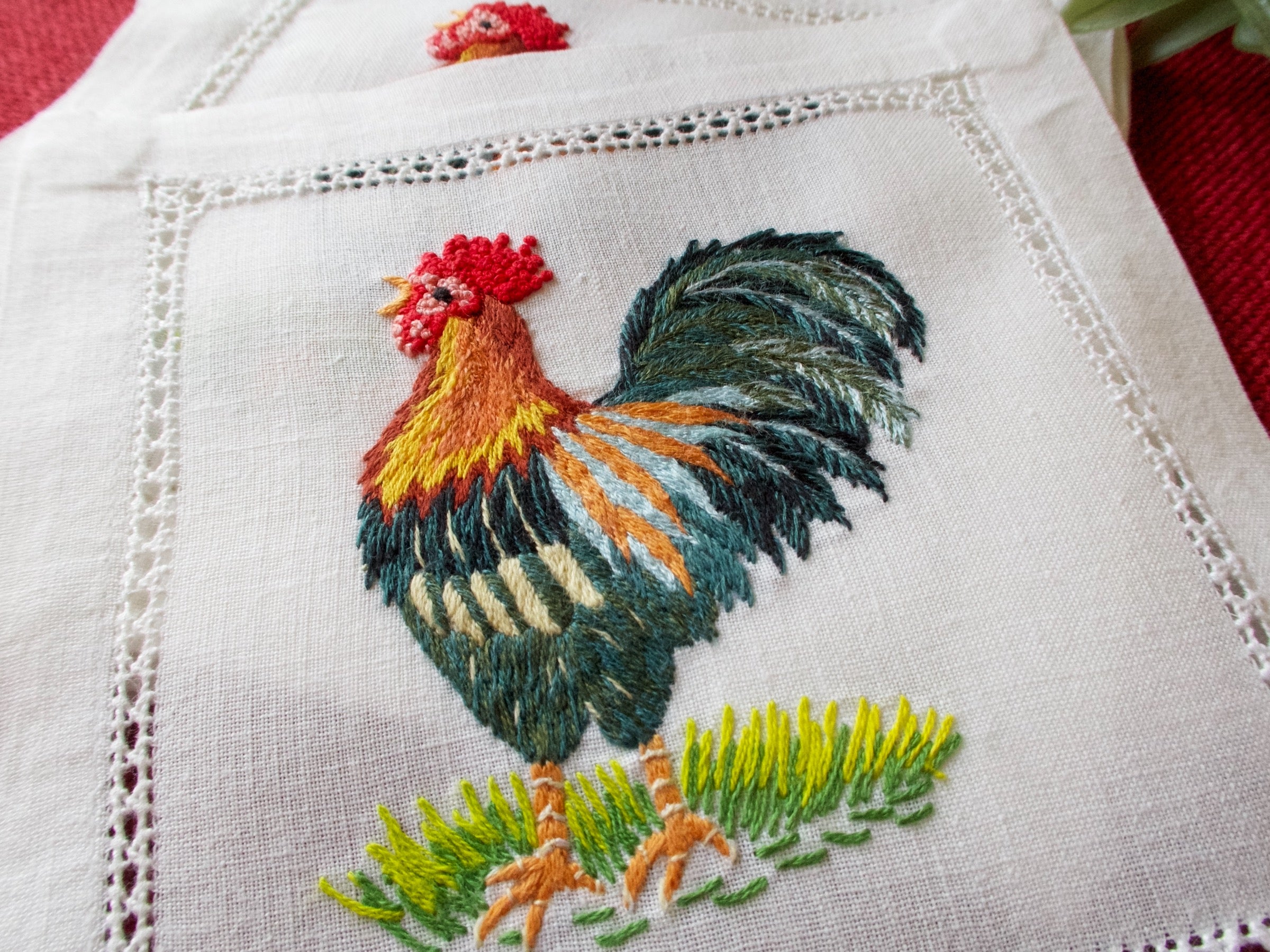 Roosters and hens cocktail napkin set, hand embroidered napkins, custom hostess gift, wedding shower gift, housewarming gift, hotsell custom gift