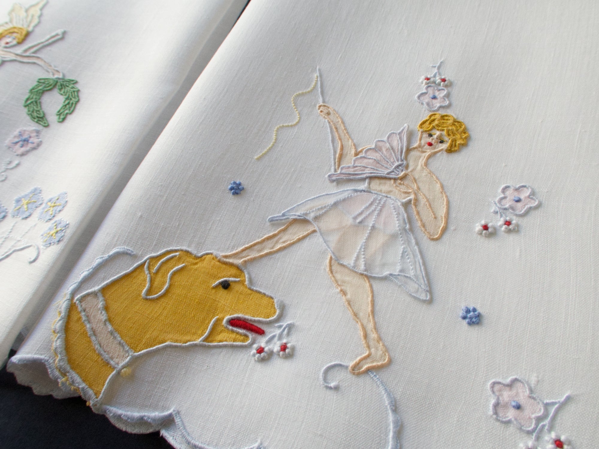 Fairies & Dog Vintage Madeira Linen Guest Towels, Set of 2