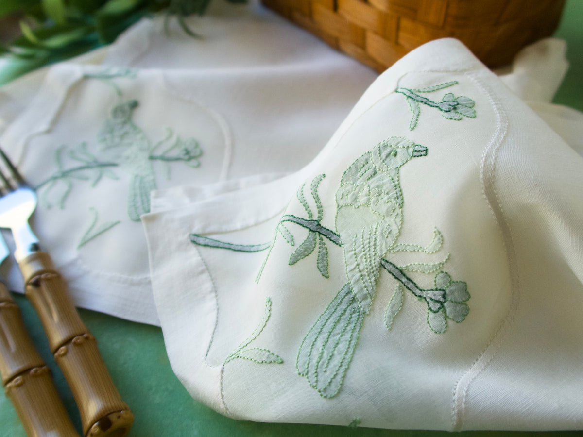 Birds Vintage Madeira Linen Table Napkins, Set of 12