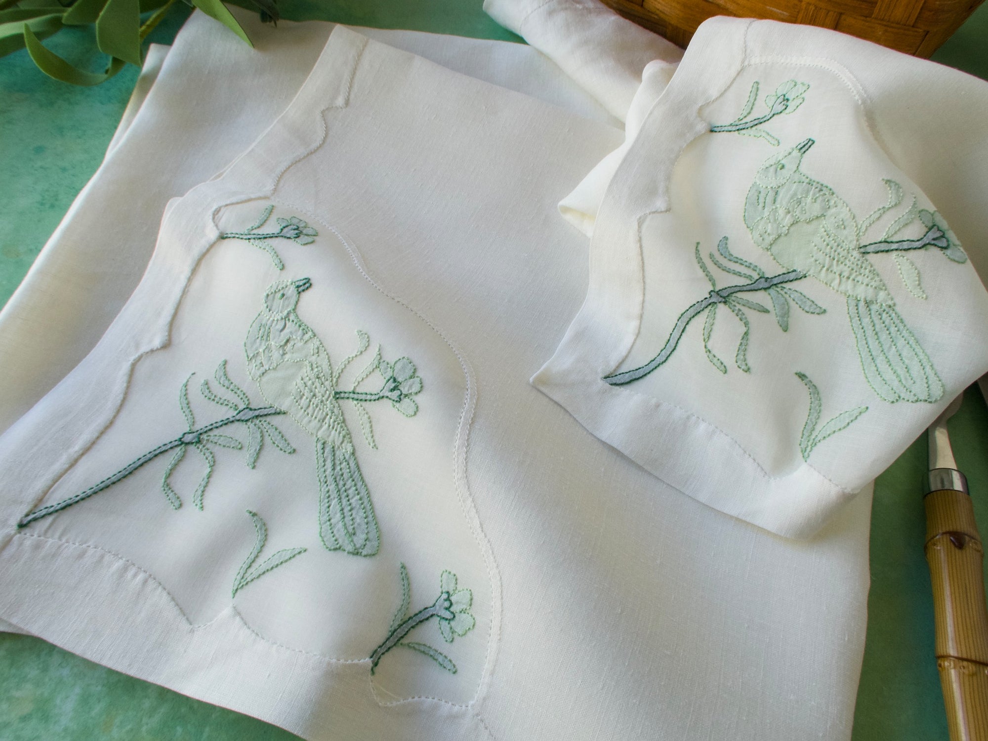 Birds Vintage Madeira Linen Table Napkins, Set of 12