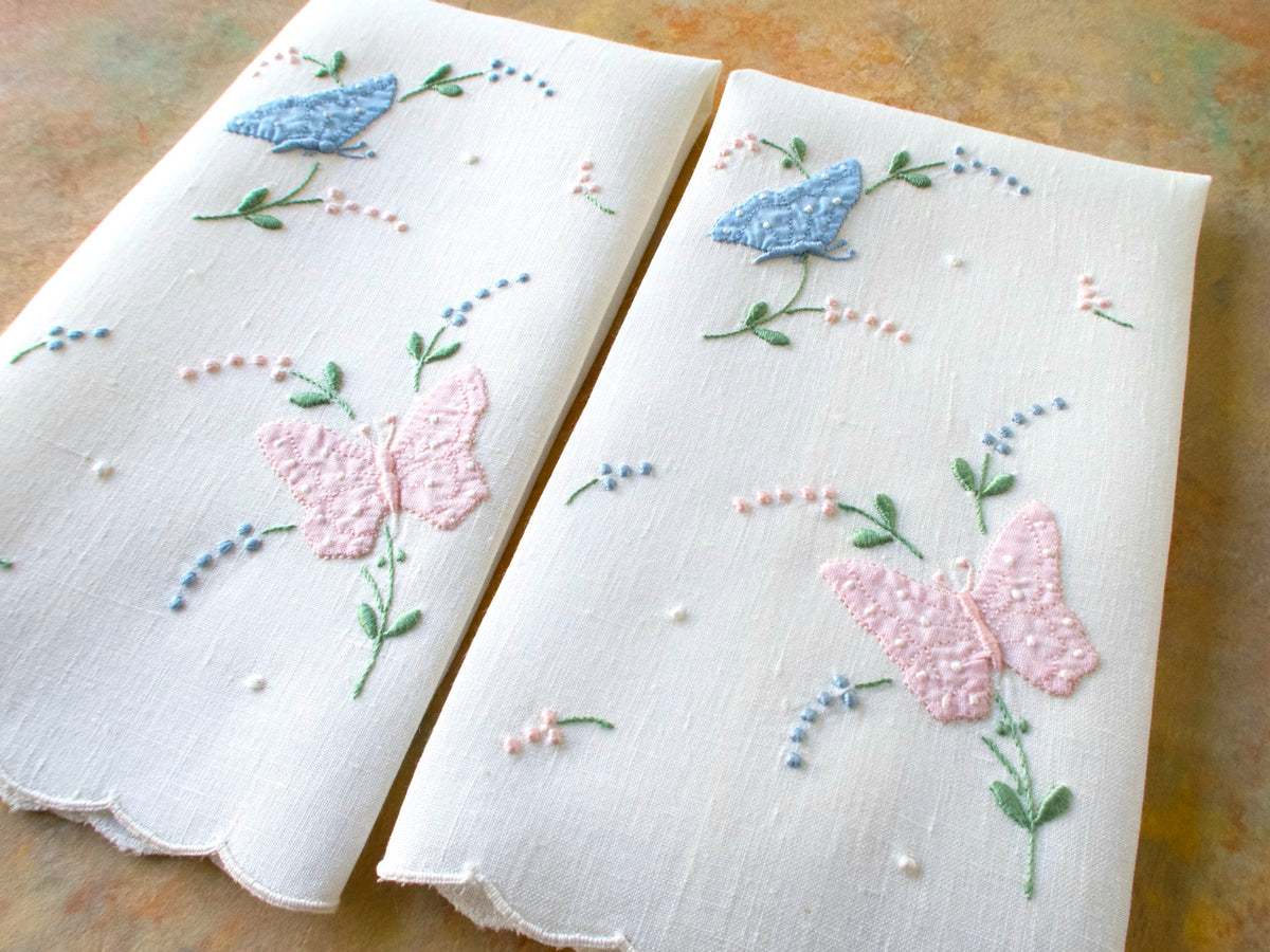 Butterflies Vintage Madeira Linen Guest Towels, Set of 2