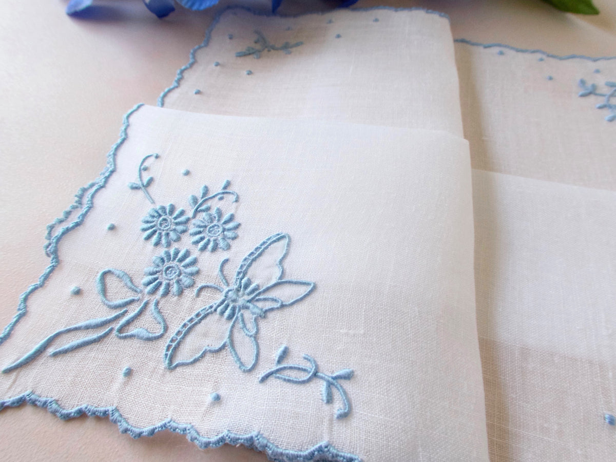 &quot;Butterfly&quot; in Blue Vintage Marghab Madeira Hanky 10.5&quot;