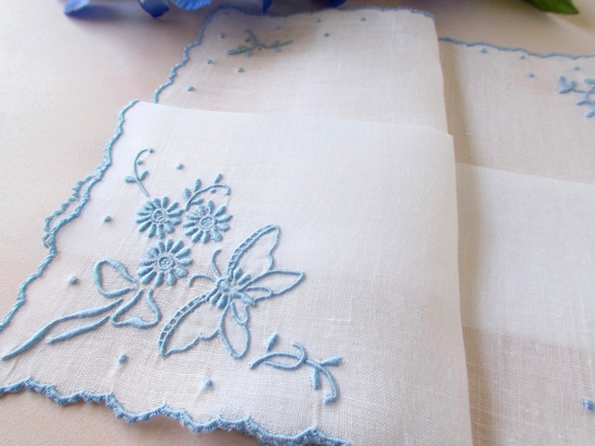 "Butterfly" in Blue Vintage Marghab Madeira Hanky 10.5"