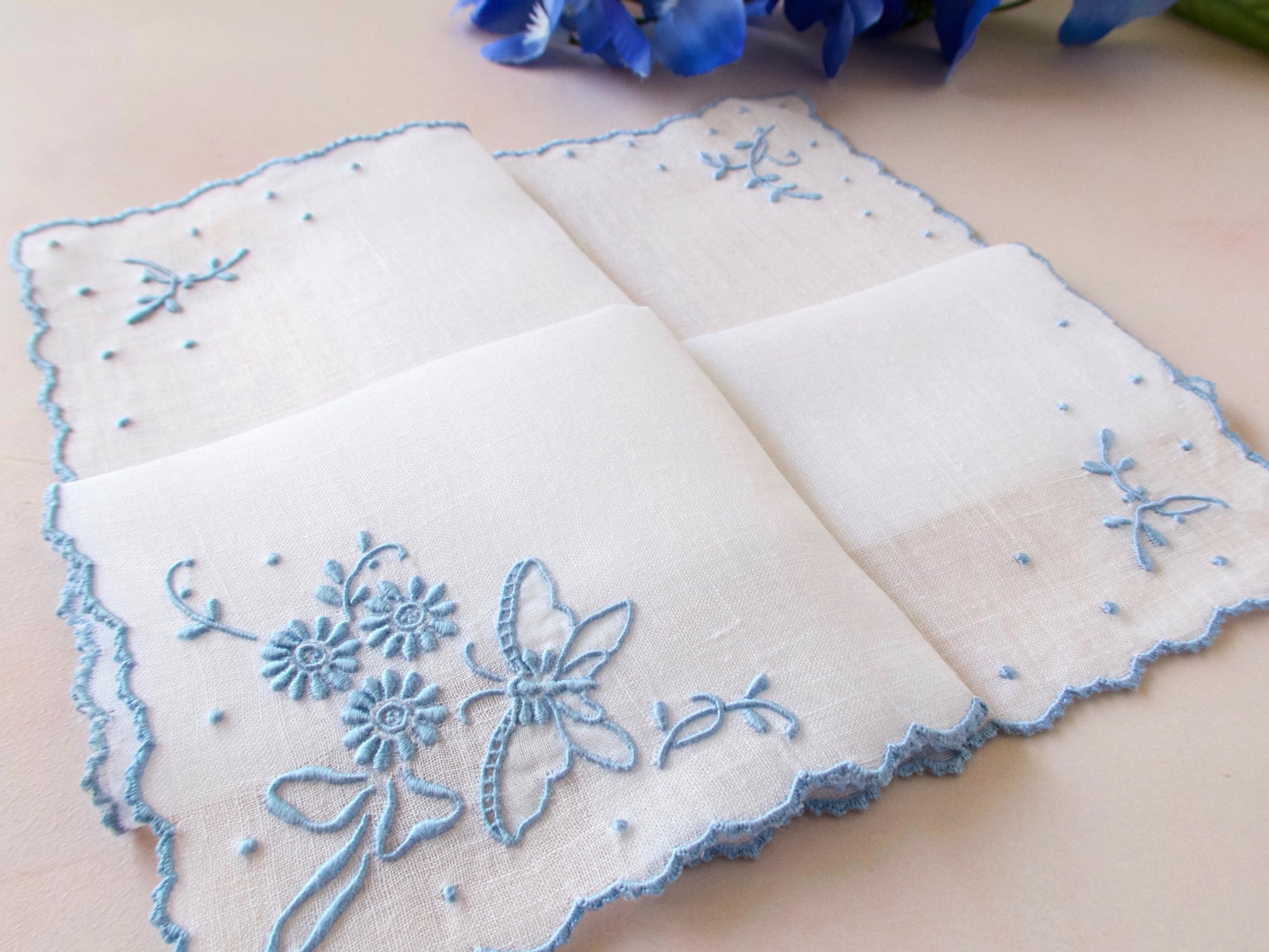 "Butterfly" in Blue Vintage Marghab Madeira Hanky 10.5"