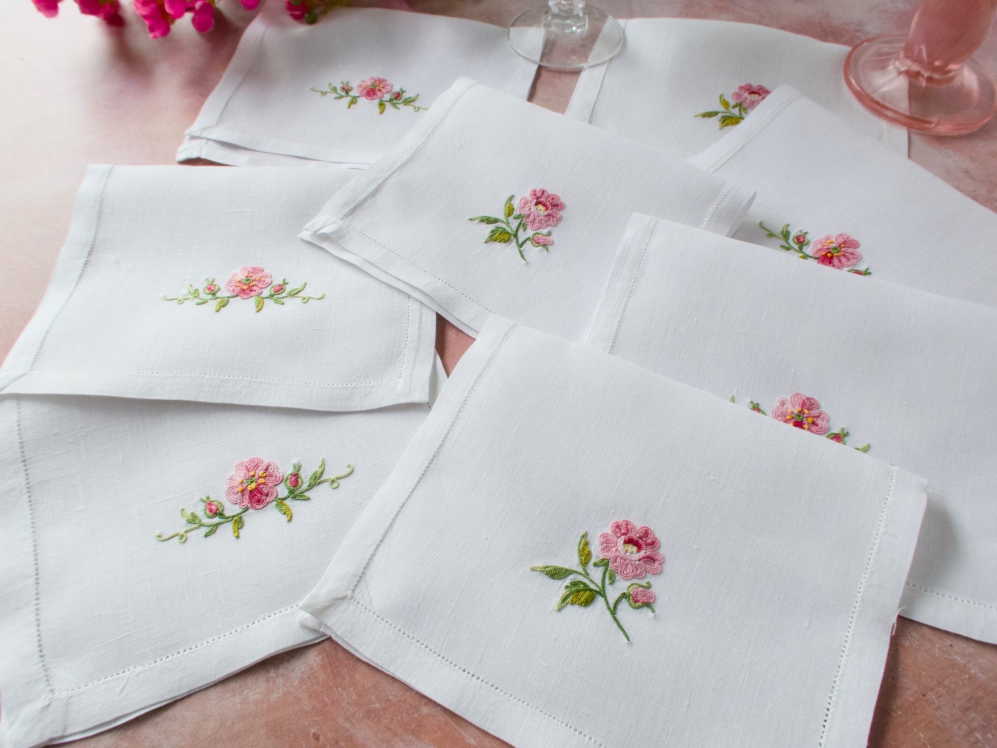 Vintage French Beauvais Embroidered Cocktail Napkins, Set of 8