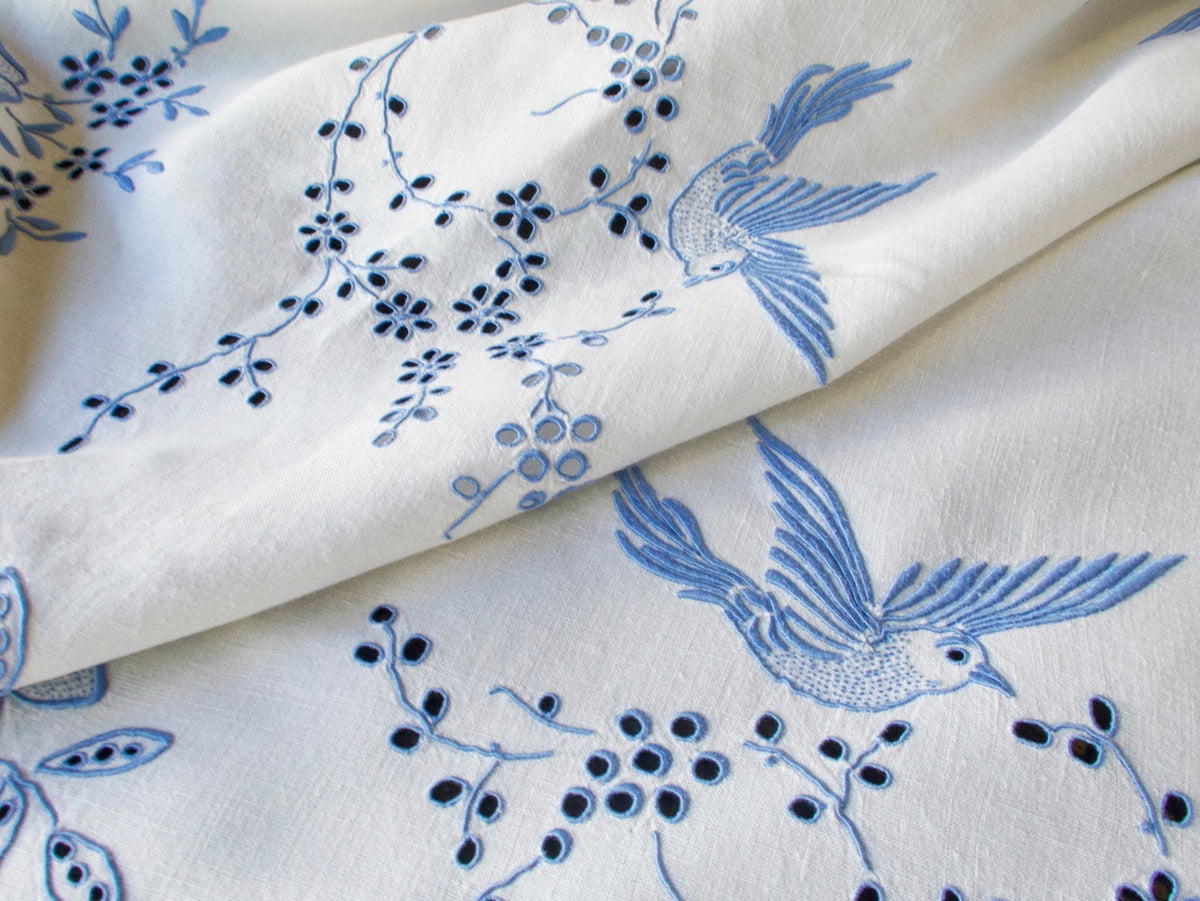 Birds in Blue Vintage Madeira Embroidered Tablecloth 52&quot;