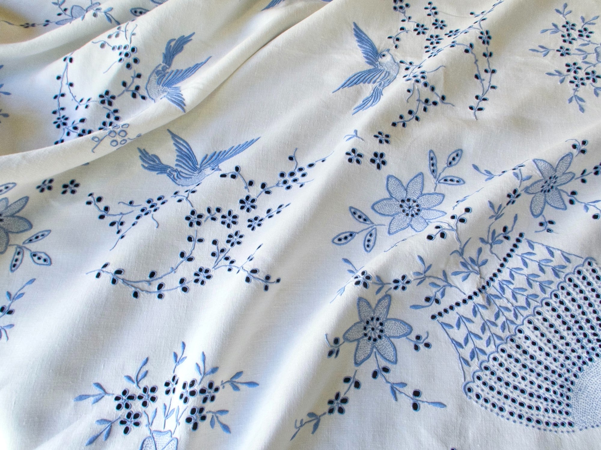 Birds in Blue Vintage Madeira Embroidered Tablecloth 52"