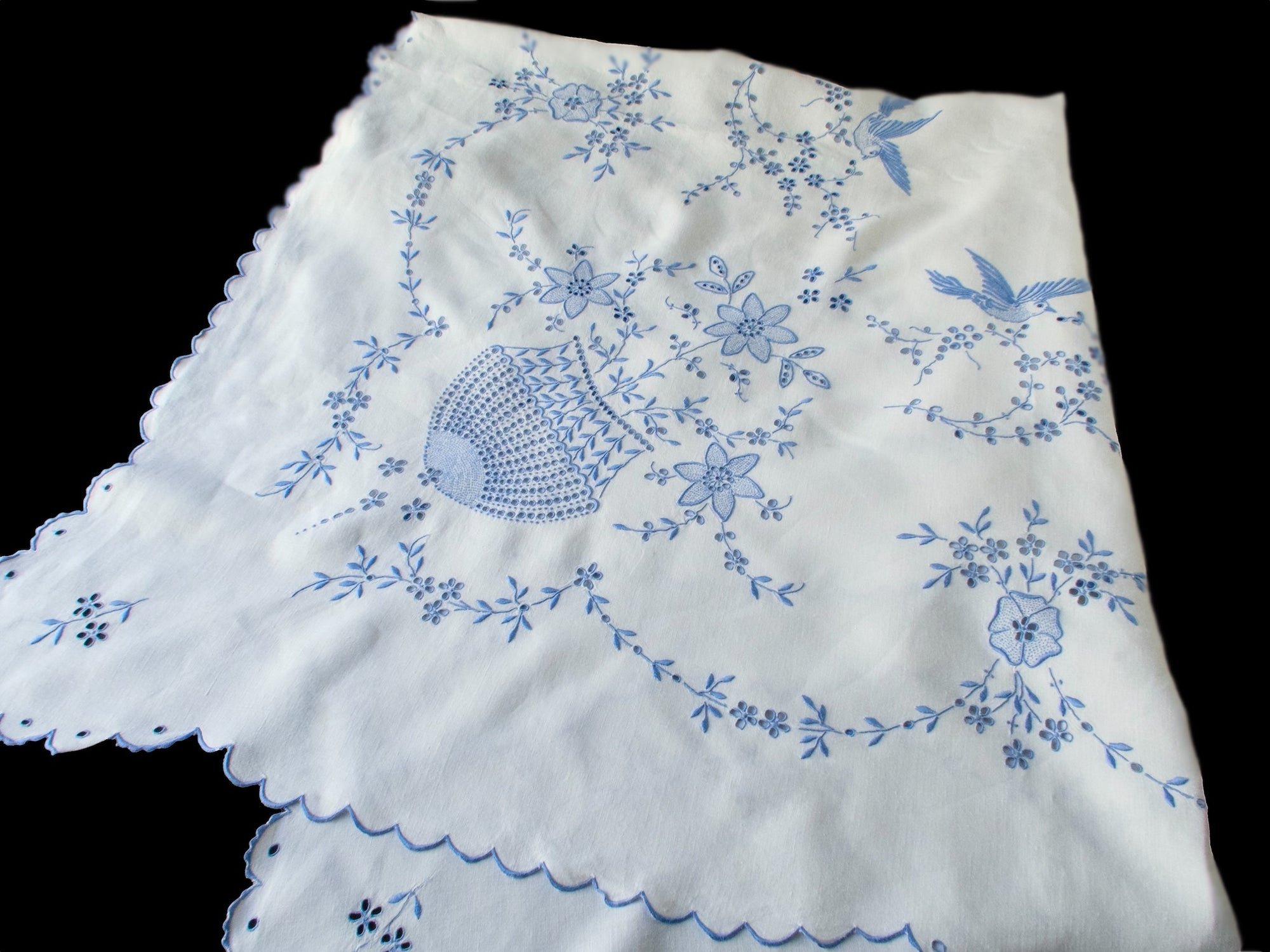 Birds in Blue Vintage Madeira Embroidered Tablecloth 52"