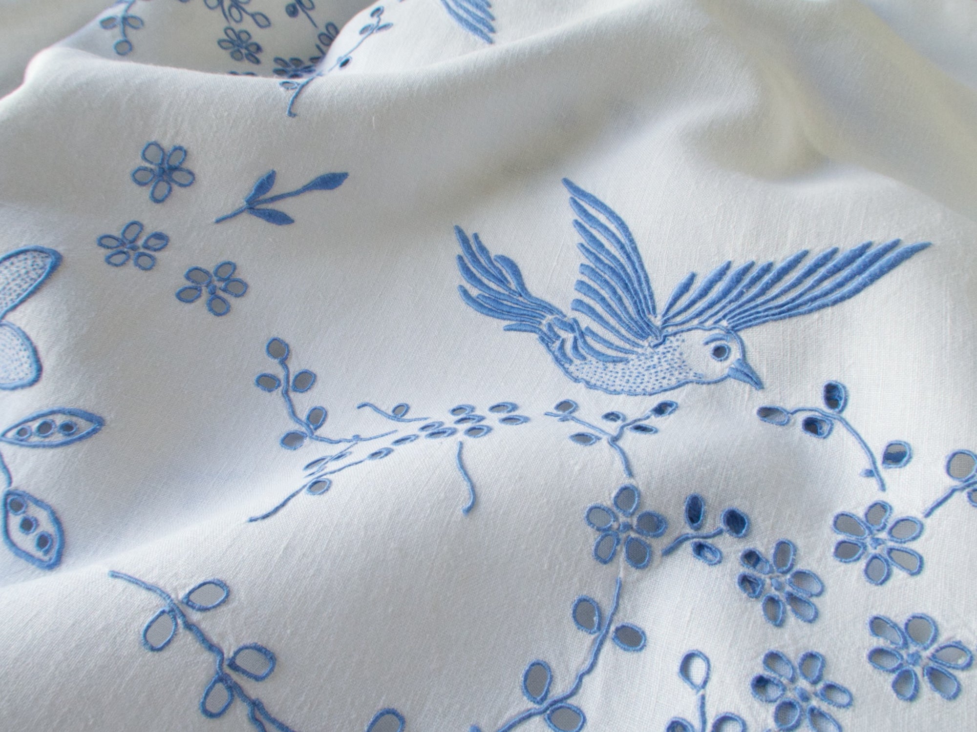 Birds in Blue Vintage Madeira Embroidered Tablecloth 52"