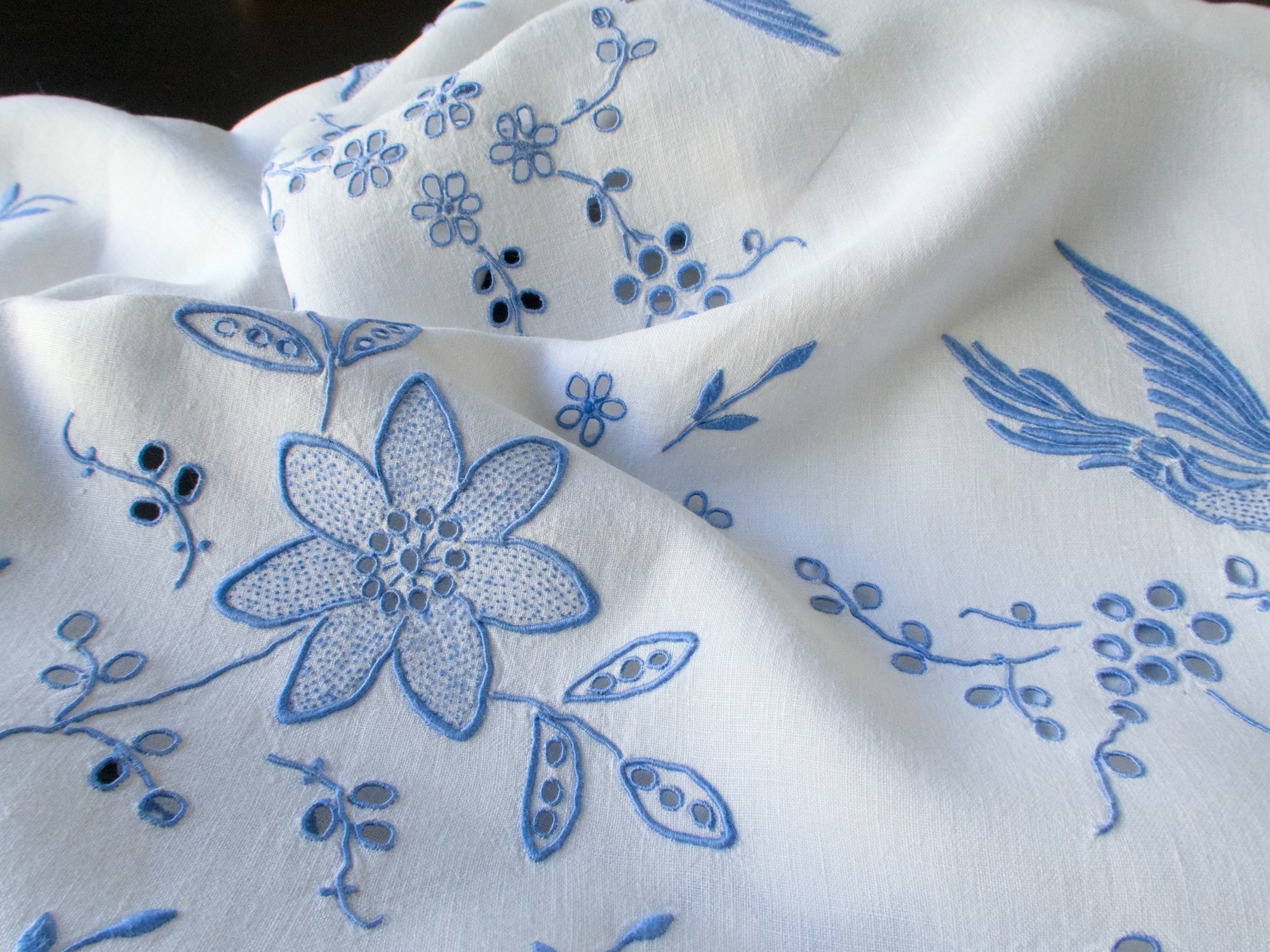 Birds in Blue Vintage Madeira Embroidered Tablecloth 52"