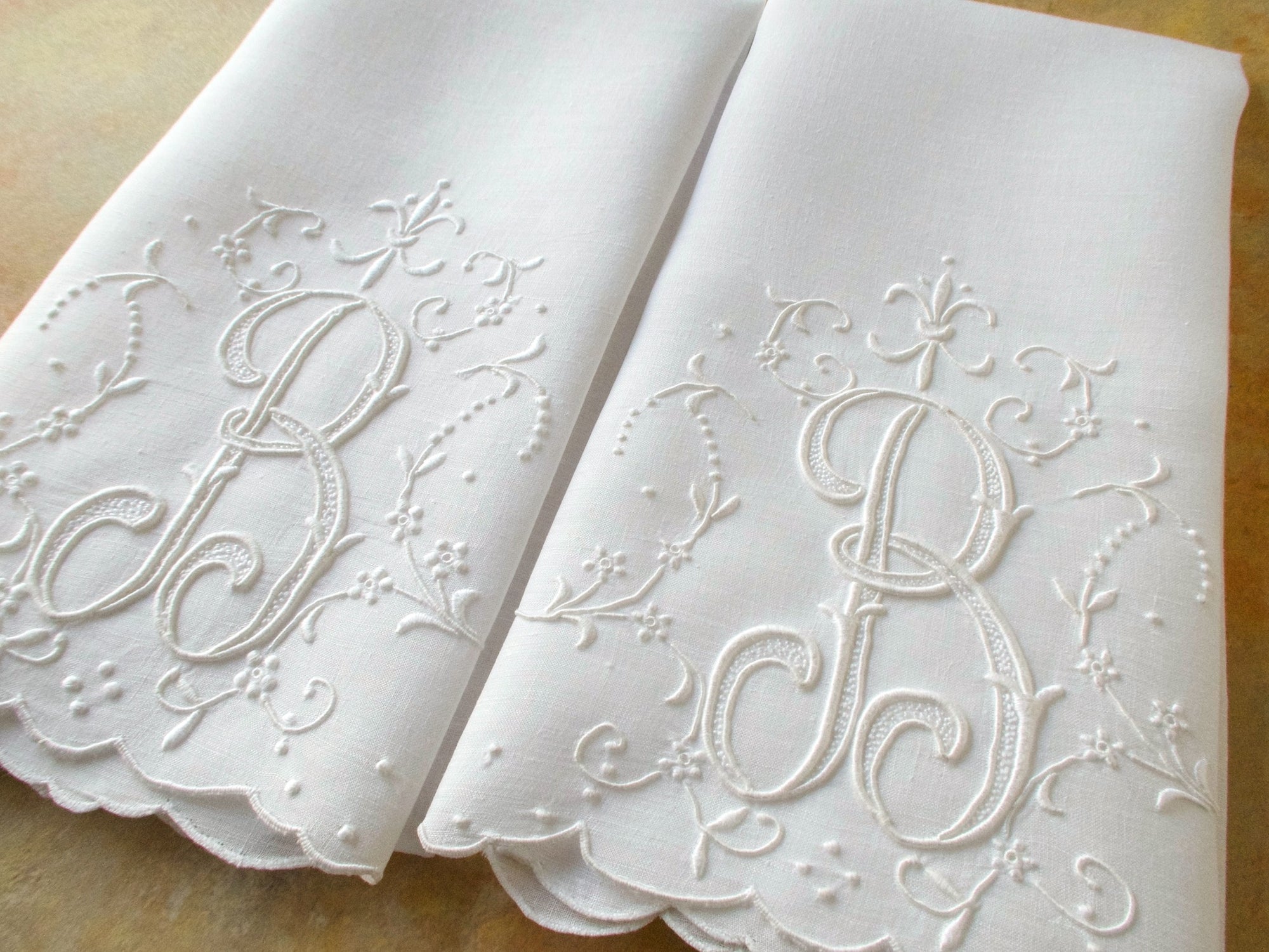 "B" Monogram Vintage Madeira Linen Guest Towels, Set of 2