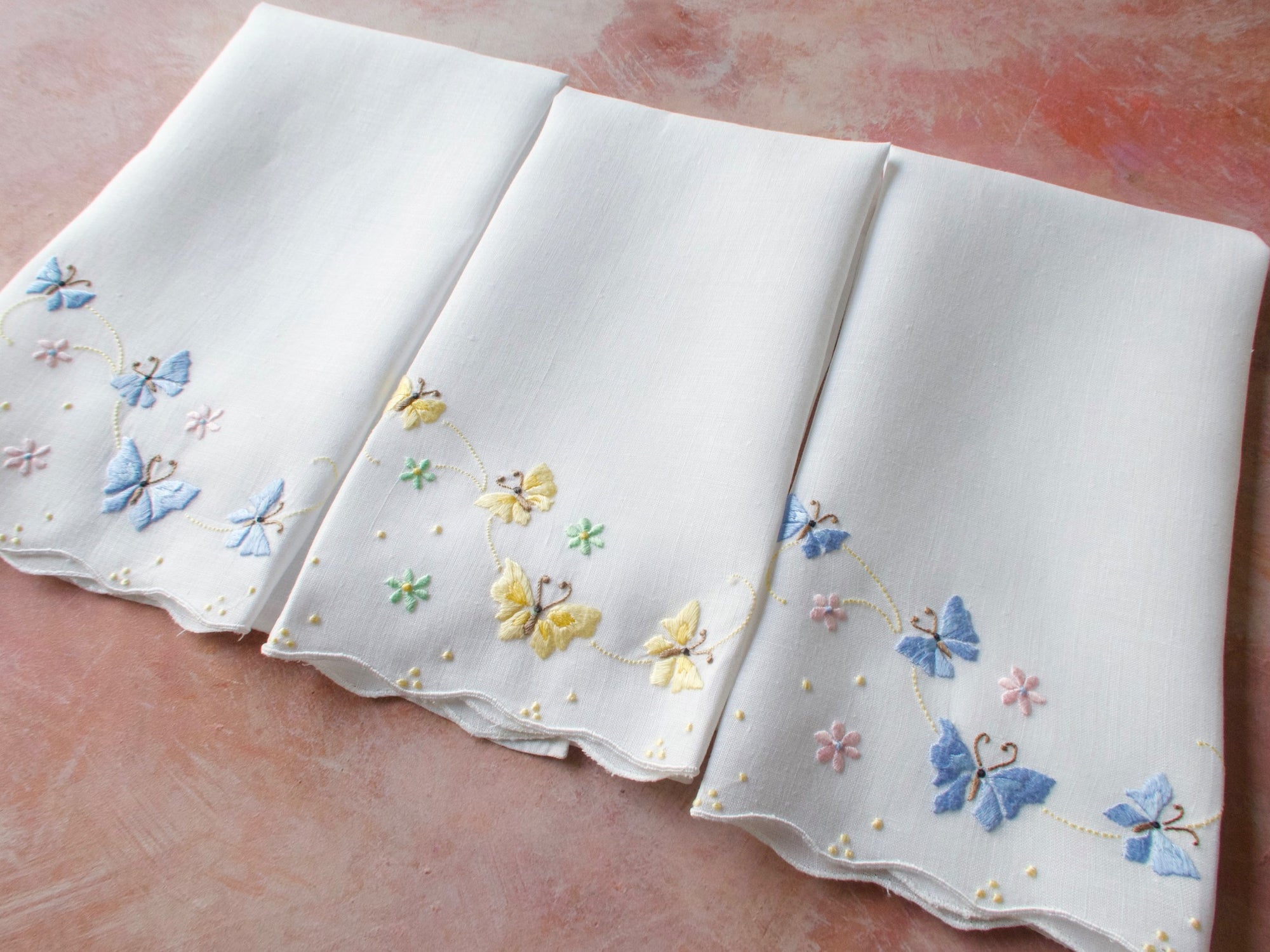 Butterflies Vintage Madeira Linen Guest Towels, Set of 3