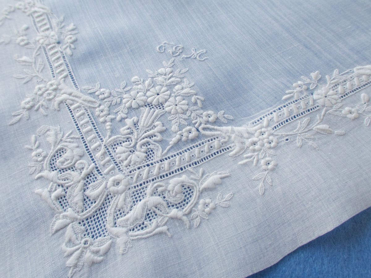 Antique French Whitework French Handkerchief 13&quot;