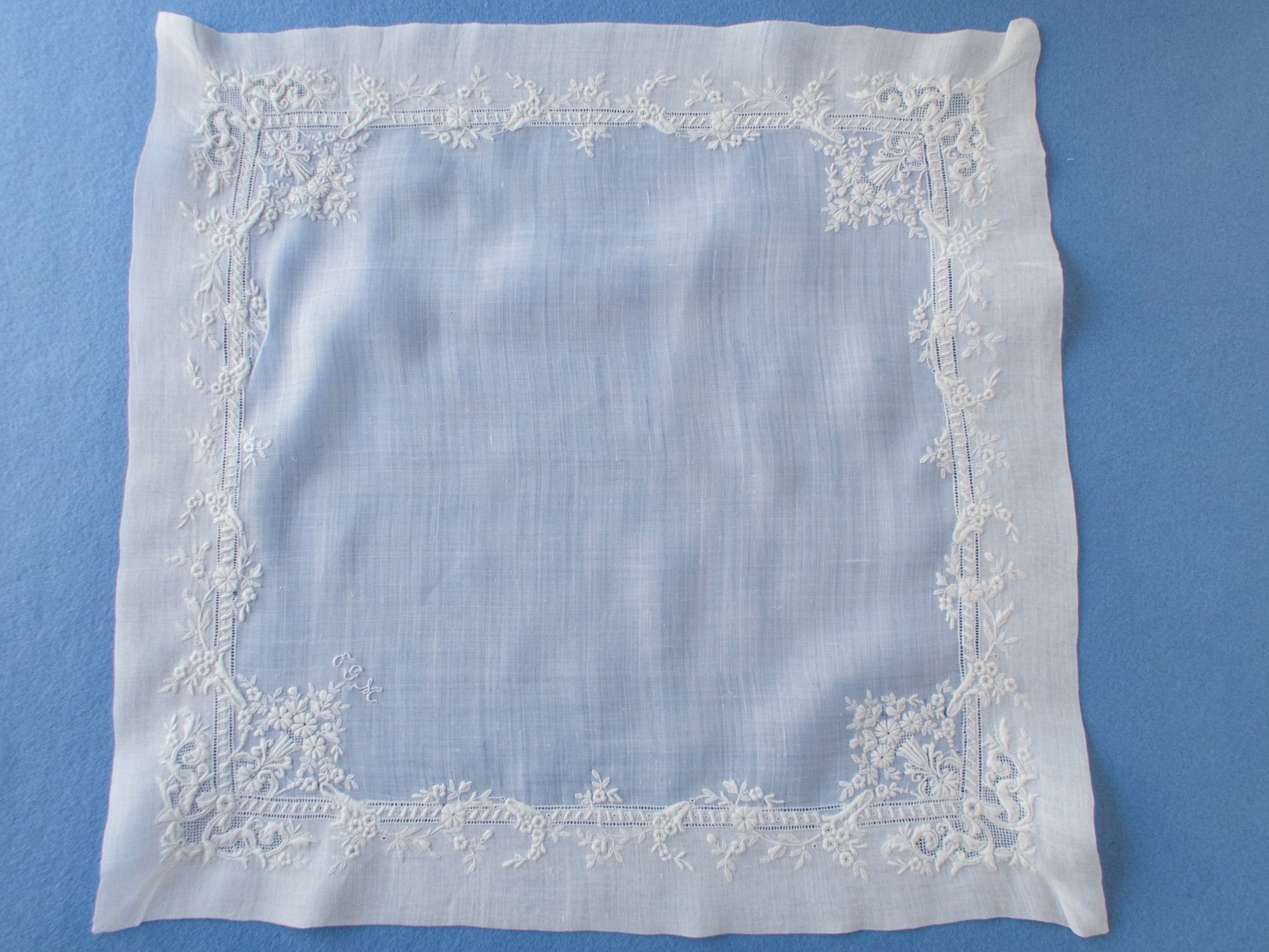 Antique French Whitework French Handkerchief 13"