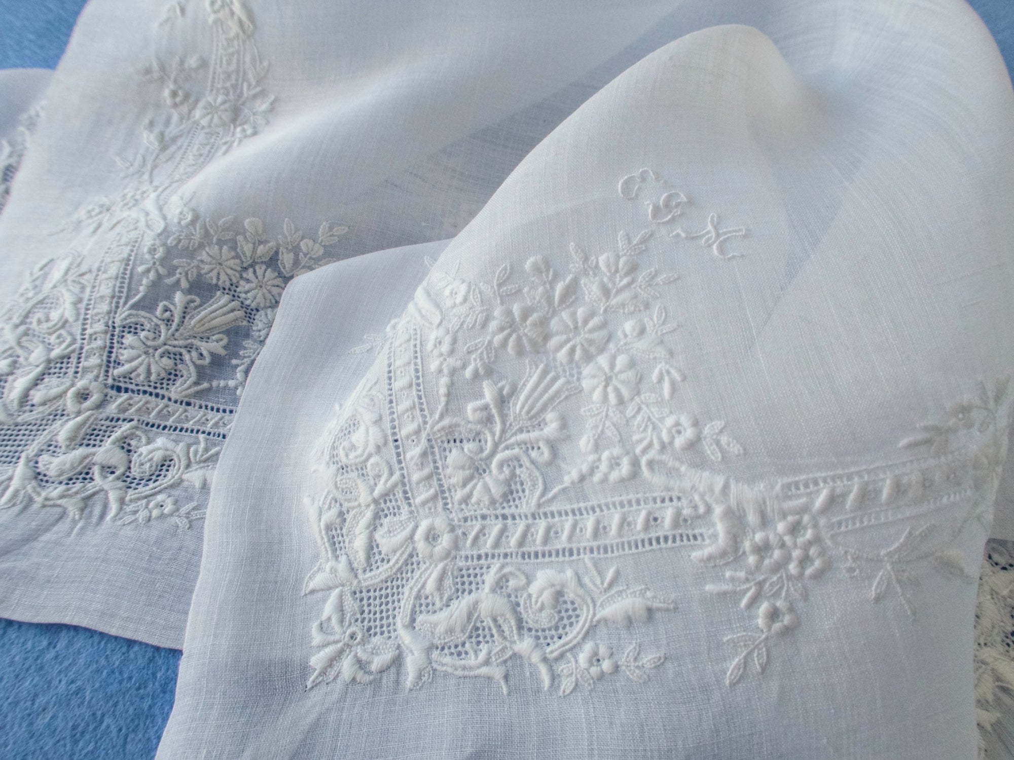 Antique French Whitework French Handkerchief 13"