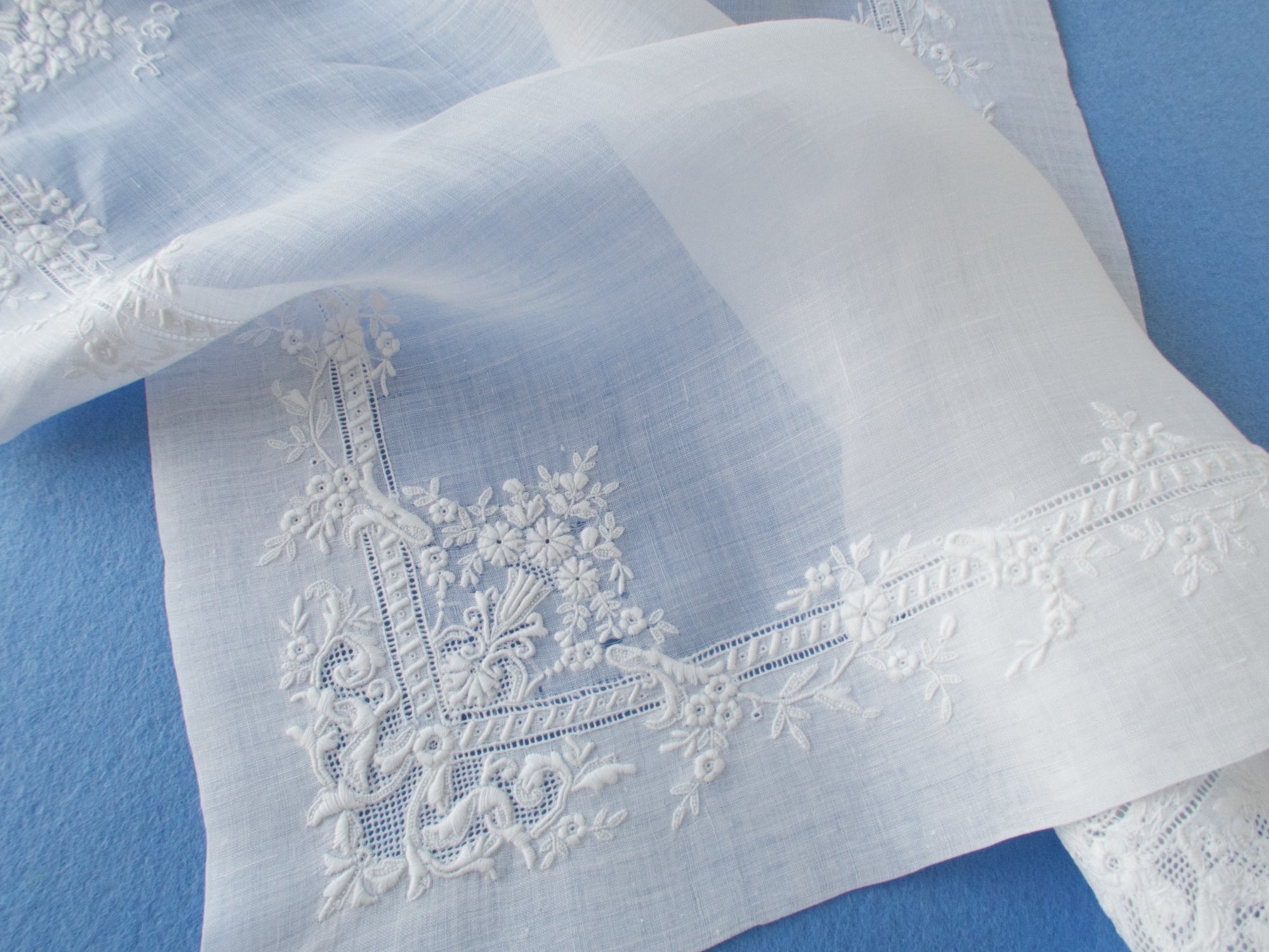 Antique French Whitework French Handkerchief 13"