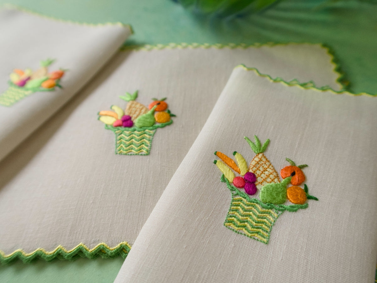 &quot;Fruit Basket&quot; Marghab Vintage Linen Cocktail Napkins, Set of 6