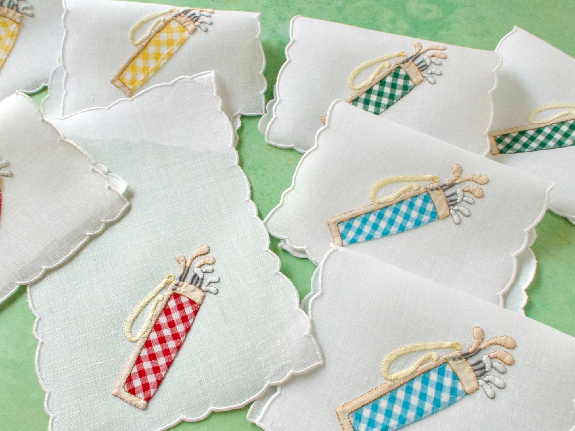 Golf Bags in Plaid Vintage Madeira Cocktail Napkins, Set of 8