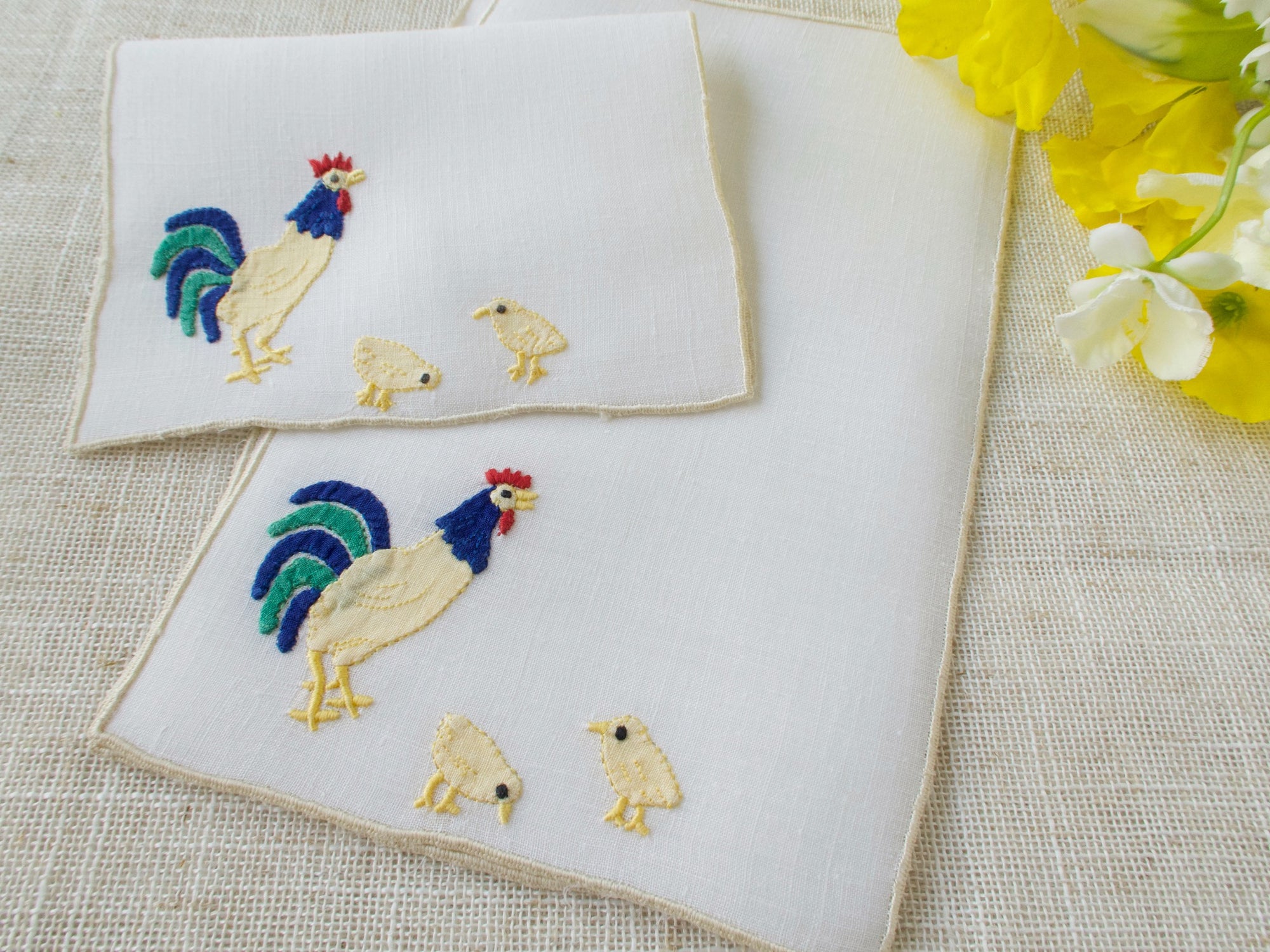 Hen & Chicks Vintage Madeira Linen Cocktail Napkins, Set of 4