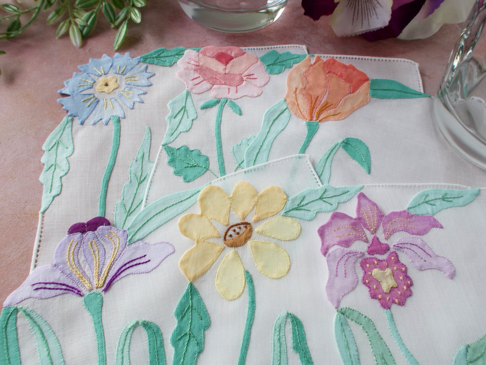 Graceful Mixed Flowers Vintage Italian Linen Cocktail Napkins, Set of 6