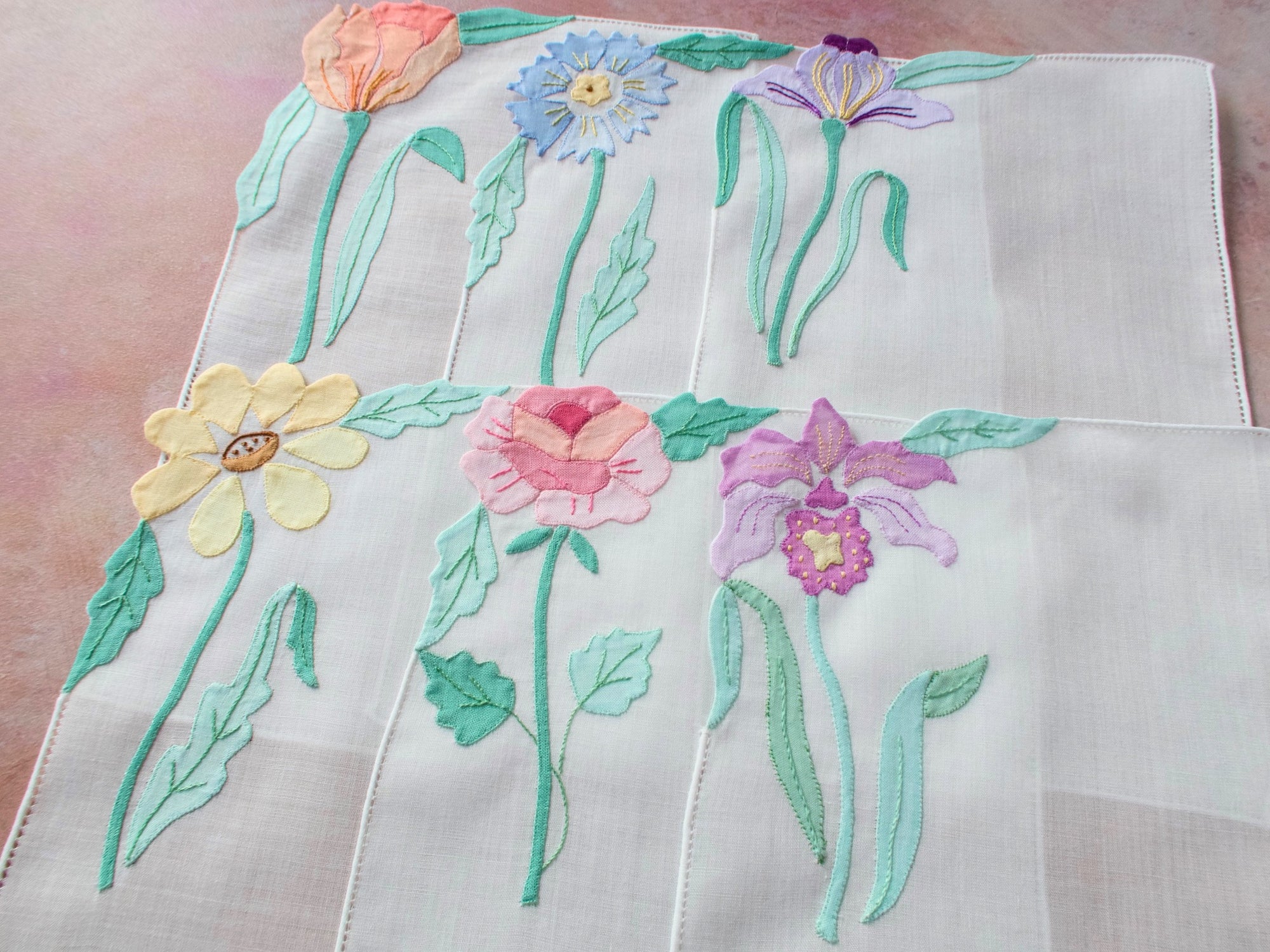 Graceful Mixed Flowers Vintage Italian Linen Cocktail Napkins, Set of 6