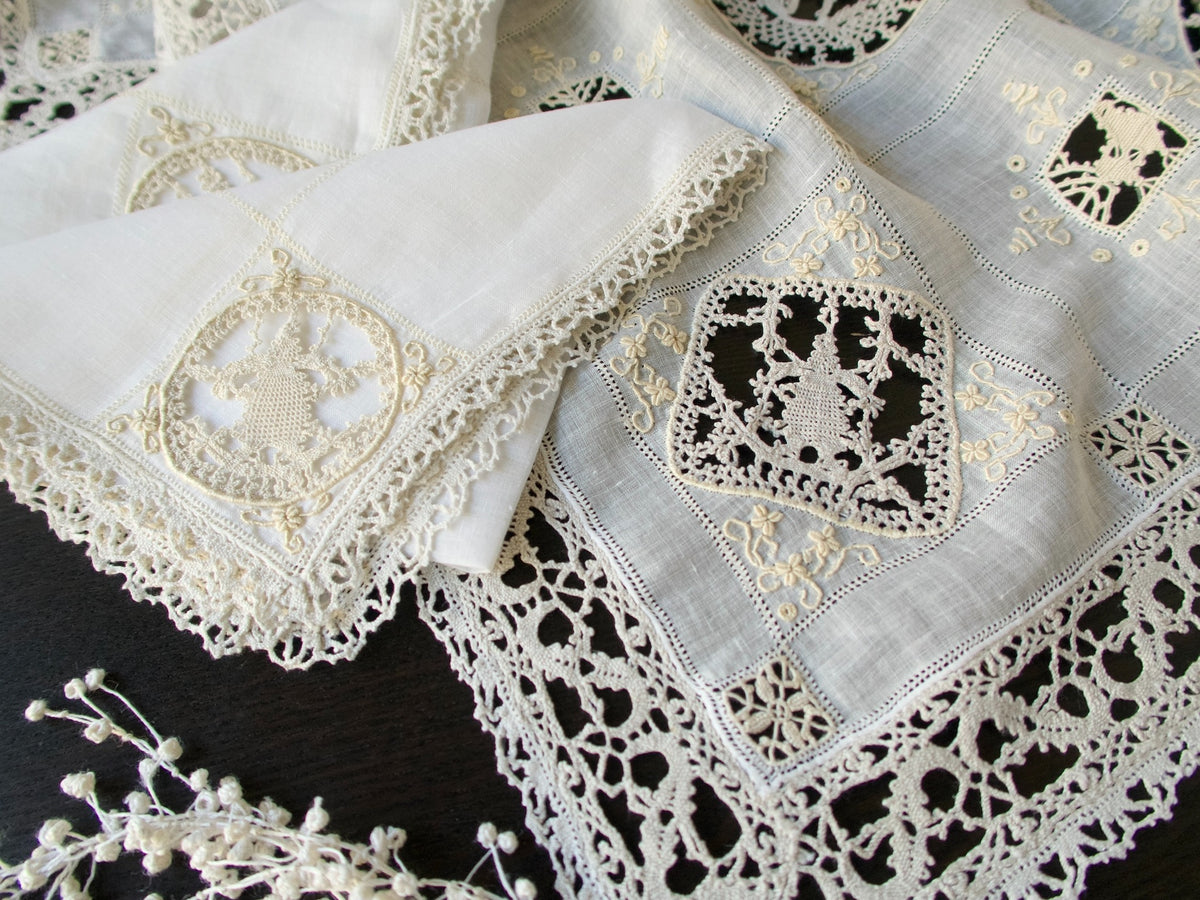 Dramatic Italian Lace &amp; Linen Vintage 46&quot; Tablecloth &amp; 12 Napkins