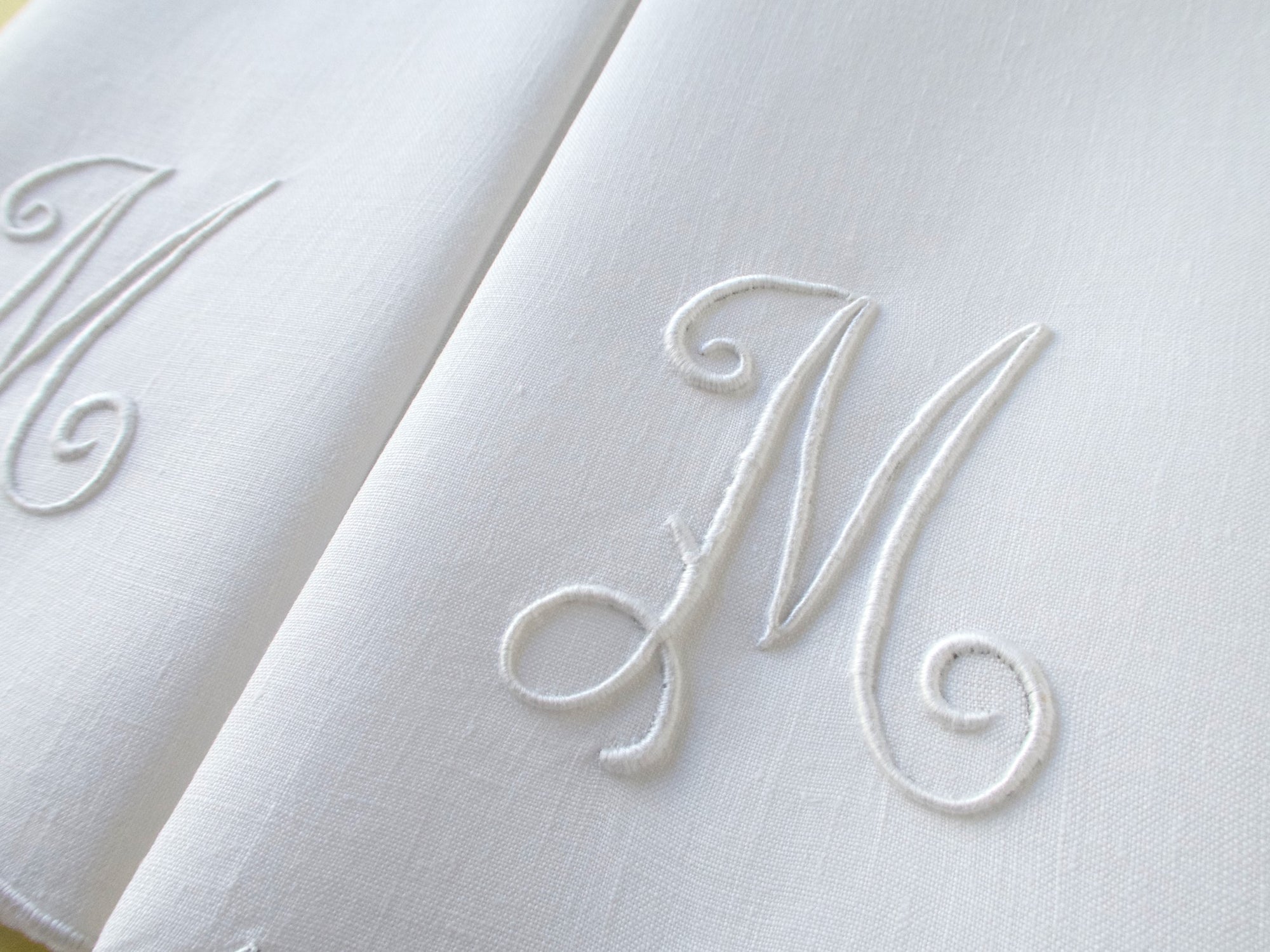 "M" Monogram Vintage Madeira Linen Fingertip Guest Towels, Set of 2