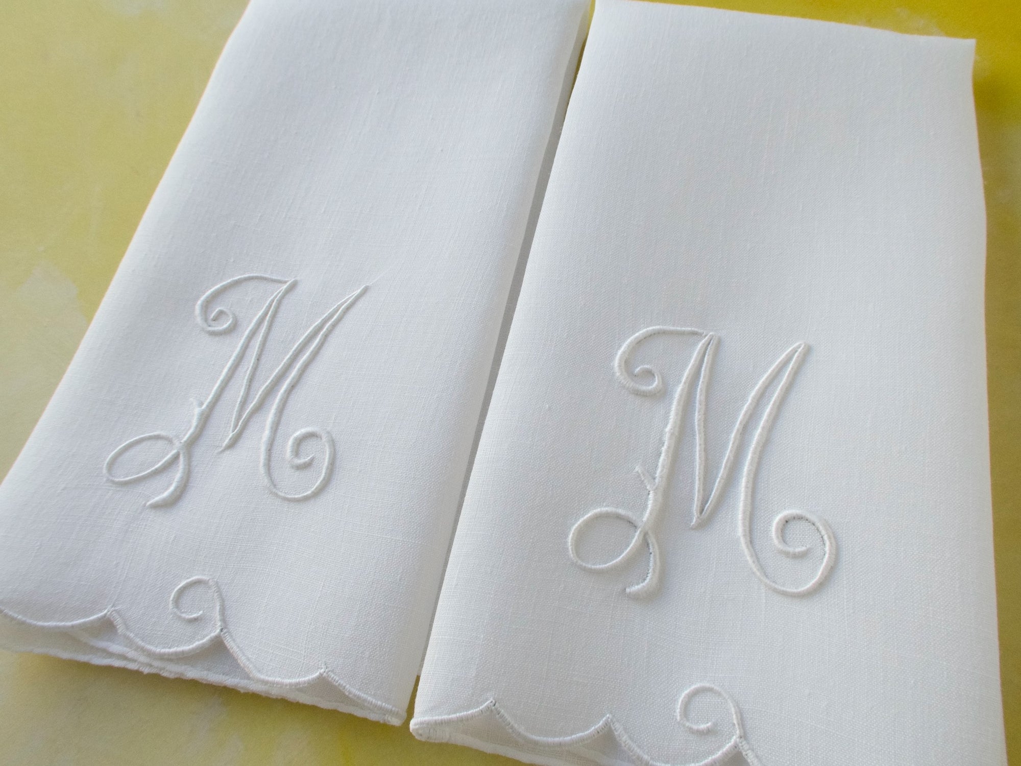 "M" Monogram Vintage Madeira Linen Fingertip Guest Towels, Set of 2