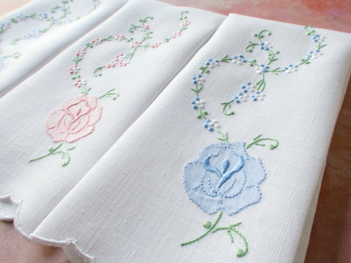 Roses Vintage Madeira Linen Guest Towels, Set of 3