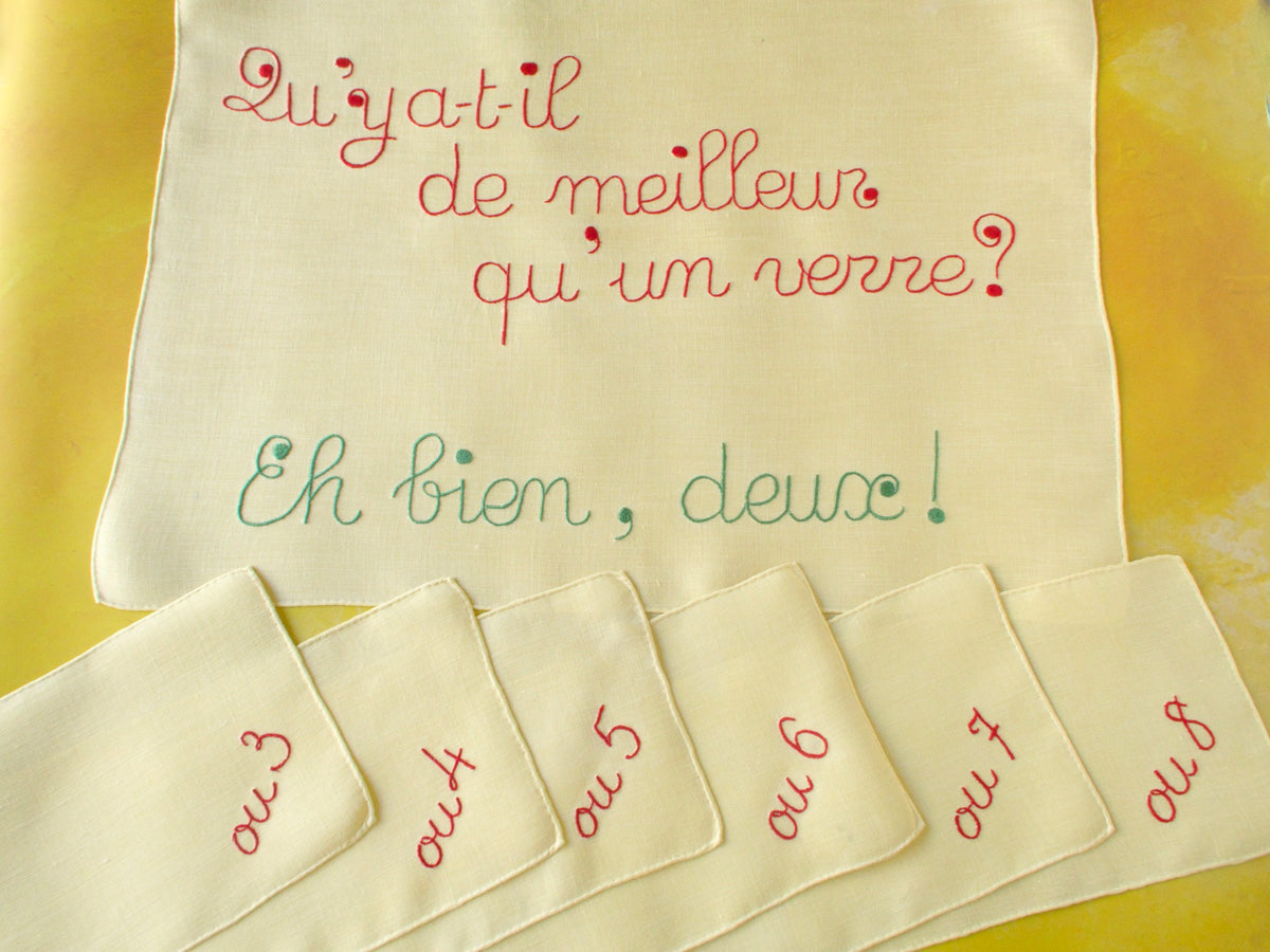 Vintage French Linen Cocktail Napkins, Set of 8