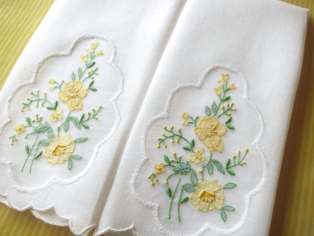 Yellow Flowers Vintage Madeira Linen Guest Towels, Set of 2