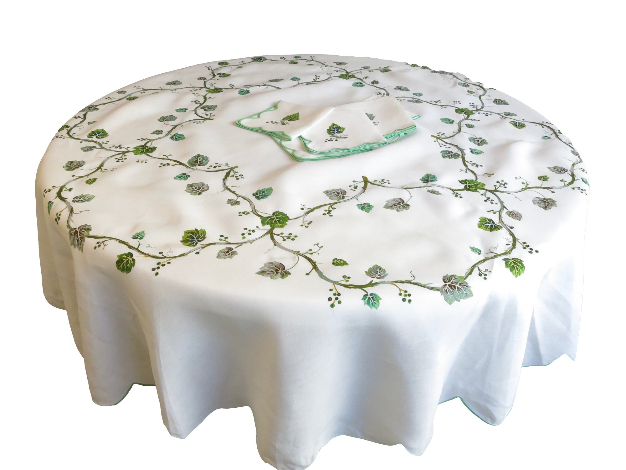 Vining Leaves Vintage D Porthault Beauvais Embroidery 72" Round Tablecloth & Napkins