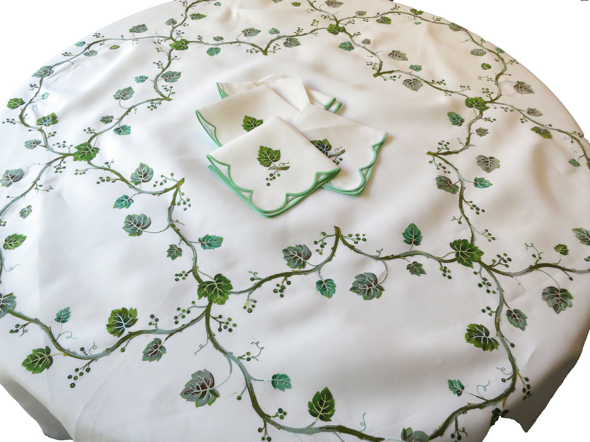 Vining Leaves Vintage D Porthault Beauvais Embroidery 72" Round Tablecloth & Napkins