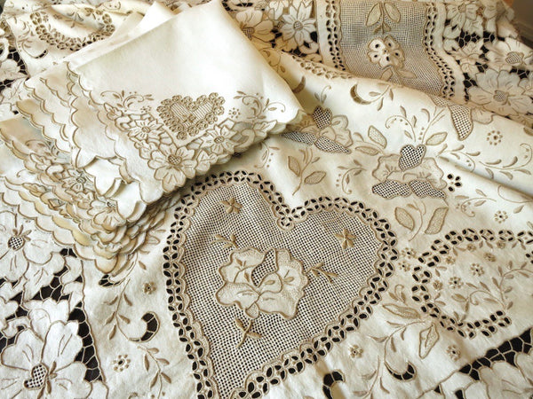 Hearts & Flowers Vintage Madeira Hand Embroidered Linen