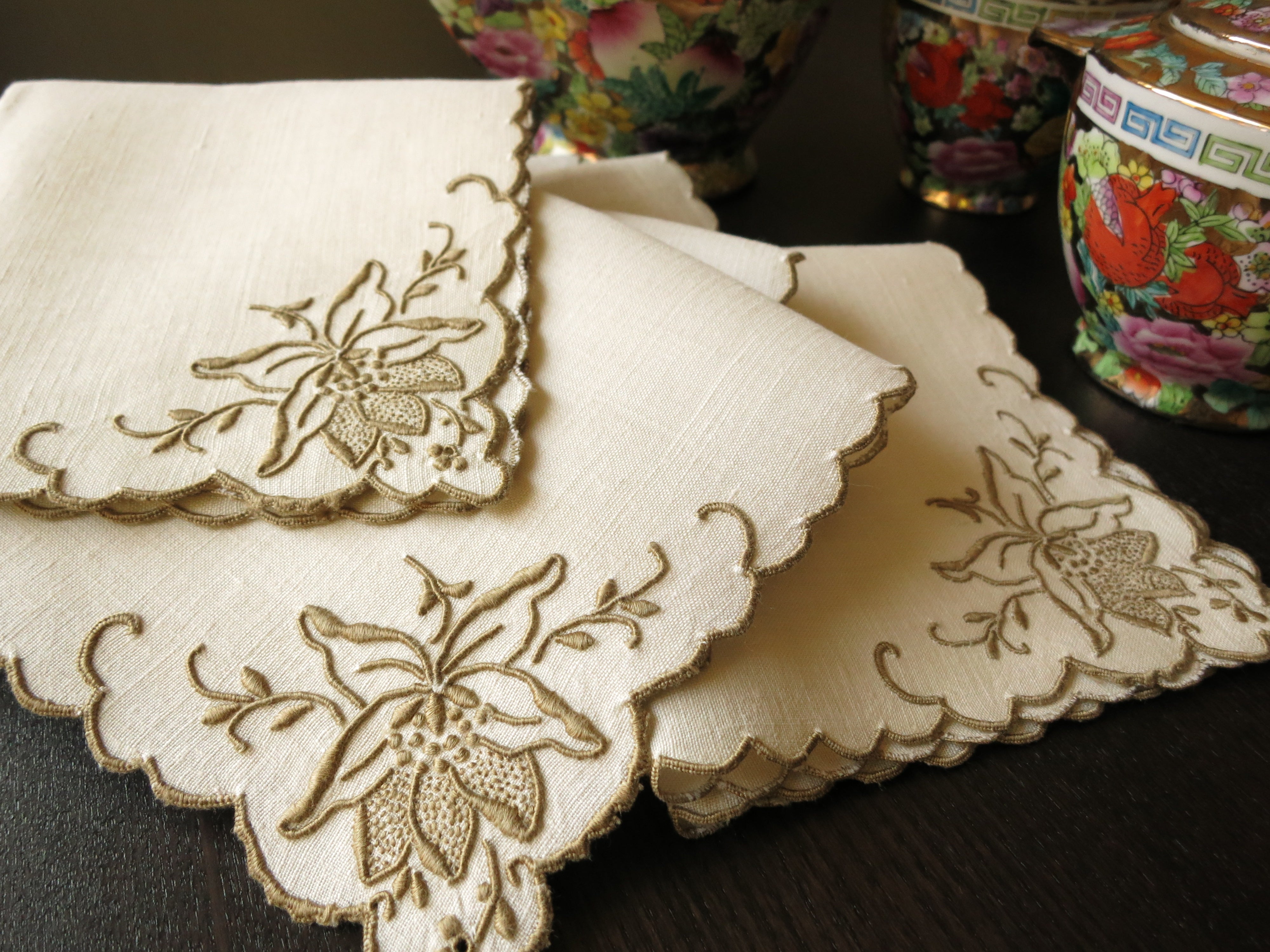 Vintage Embroidered Cloth Napkins Coffee Themed Hand Stitched Set