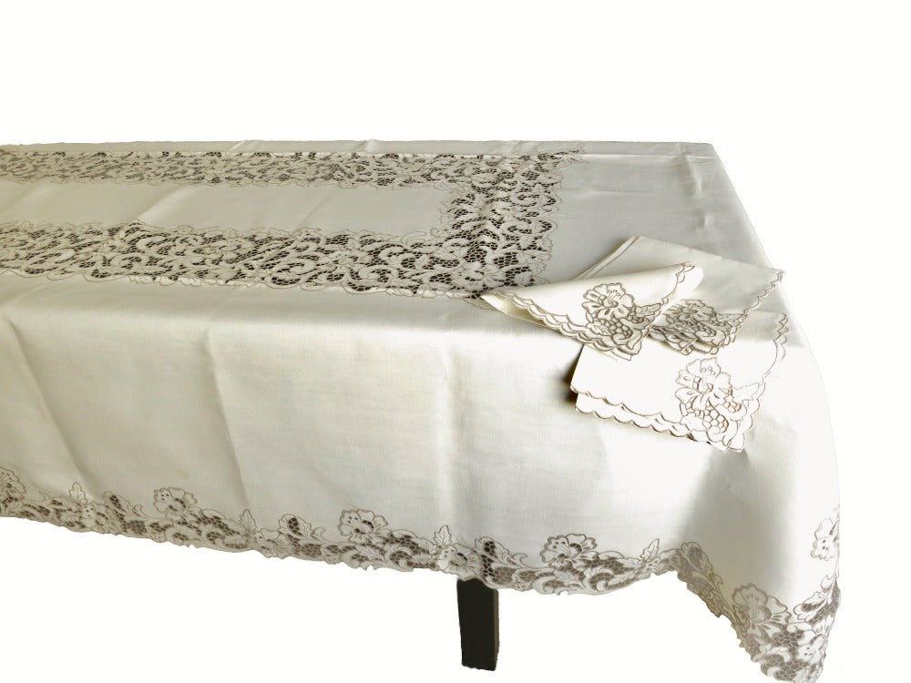 Heirloom Irish linen tablecloth, white elaborate Madeira hand embroidery, cutwork flowers in vase, 1920s 1930s, antique cheapest table linens, 68x64