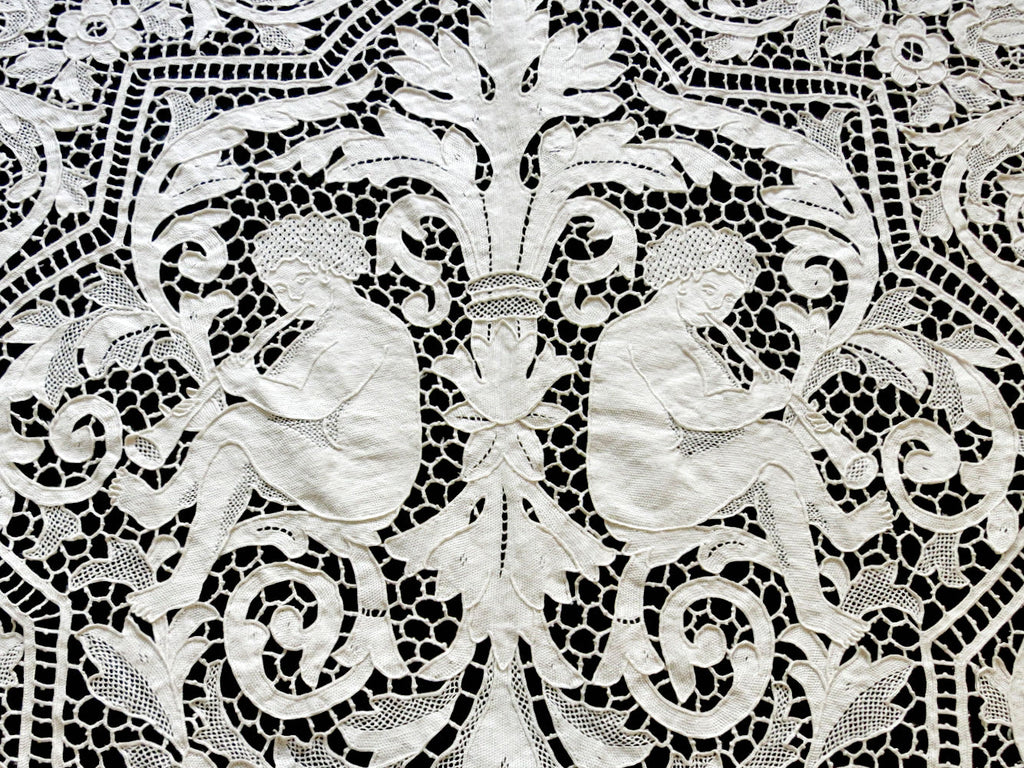 Buyer & Seller of Antique Lace, Fine Linens, Vintage Clothing, Haute  Couture, Textiles, Fans: CIRCA 1880-1900,ELABORATE ITALIAN POINT DE VENICE  BEDSPREAD W /CHERUBS ETC.