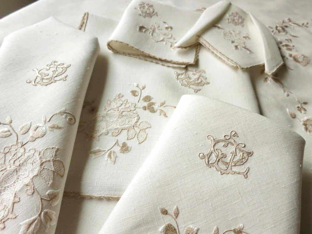 Lace Irises Fine Antique French Linen XL 33 Napkins, Set of 12