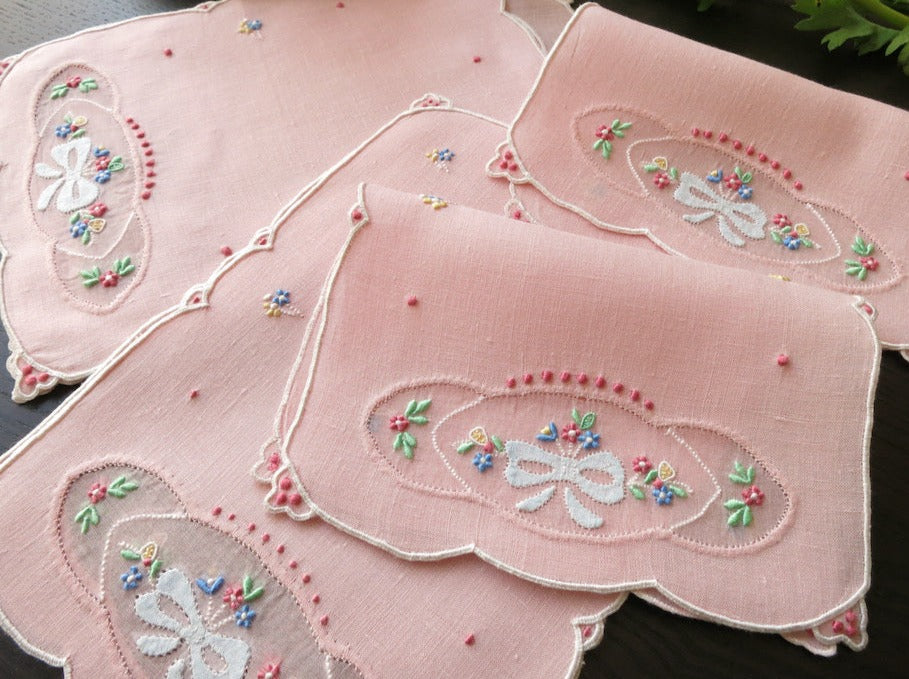 Daisy cocktail napkin set, pink daisies, hand embroidered, 10